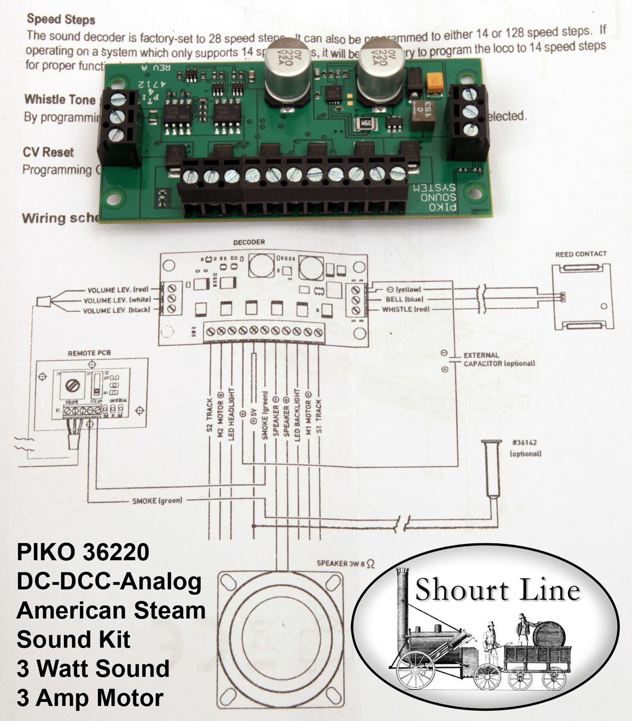PIKO 36220 DC-DCC-Analog American Steam Sound Motor Decoder Kit instructions with decoder top