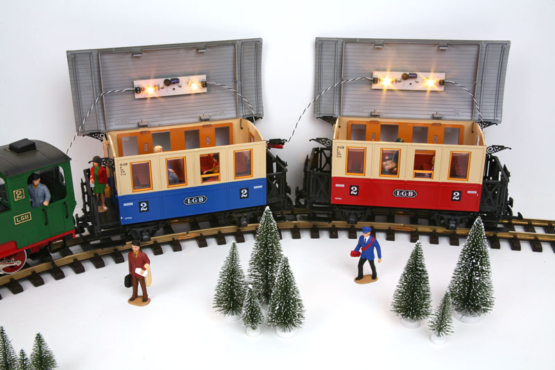 Ultimate LGB 23301 Passenger Train Set passenger cars with rooms up showing LED lighting